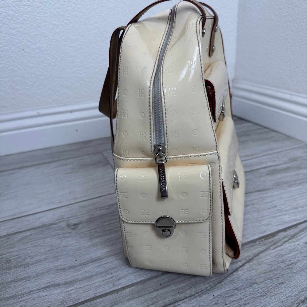 Arcadia Cream Patent Satchel Backpack with Tan Straps - Picture 2 of 8
